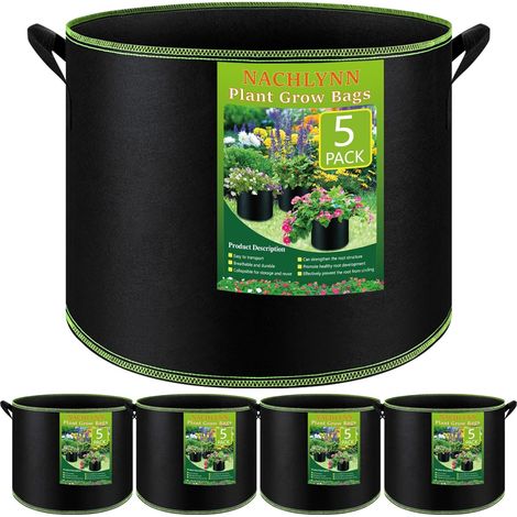 Lot de 5 sacs de culture de 7 gallons - Pots épais en tissu non tissé avec poignées - Pots en tissu d’aération robustes pour plantes, fruits ou fleurs de jardin (1/5)