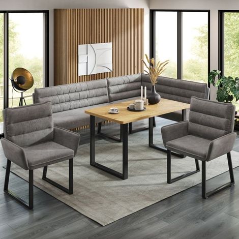 Groupes de bancs d'angle - Ensemble 5 places - Chenille gris - Table 140 x 80 cm - Structure métal