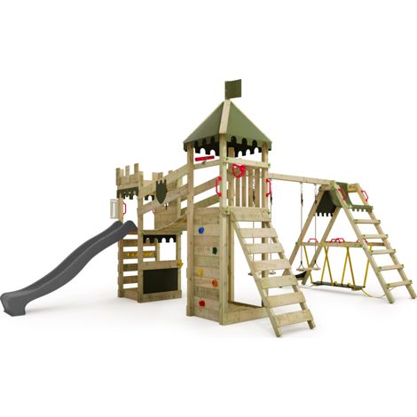 Fatmoose RiverRun Royal wooden play tower with surf extension and slide in anthracite