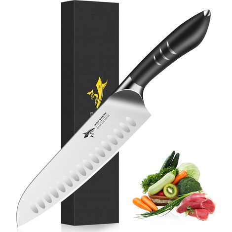 Couteau Santoku 20 cm - Couteau de Cuisine Japonais en Acier Allemand au Carbone - Lame Ultra-Tranchante, Manche Ergonomique - Idéal pour Viande et Légumes (1/5)