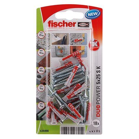 FISCHER 534996 DuoPower 5 x 25 S mit Schraube, 18 Stk