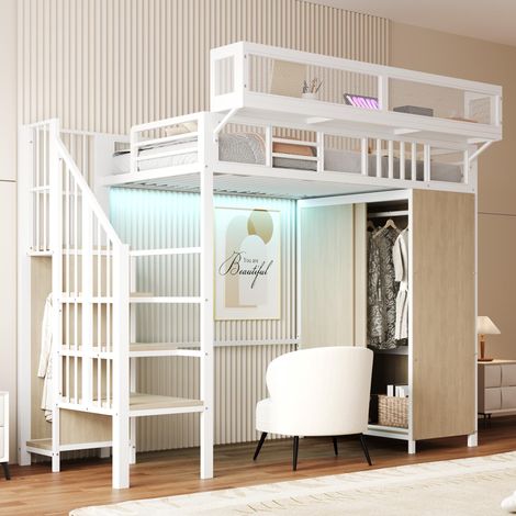 Lit mezzanine en métal 90 × 200cm avec penderie, échelle de sécurité, éclairage LED et barrières de sécurité en tissu mesh avec étagères amovibles, blanc, garantie 2 ans (1/5)
