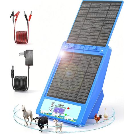 Dispositif de Clôture Électrique Solaire 12V 32KM, Électrificateur de Clôture Étanche avec Batterie au Lithium 18Ah, 0.3-2J, 6KV-12KV Réglable, Panneau Solaire 8W, pour Grands et Petits Animaux (Bleu) (1/5)