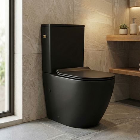 Inodoro de pie sin brida con asiento SoftClose + cisterna, alimentación lateral, negro mate (CEPX030RREXVPBKM)