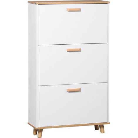 Meuble à chaussures style scandinave avec 3 abattants, dimensions 70 x 23,5 x 122 cm, finition blanche élégante, design moderne et pratique pour optimiser le rangement