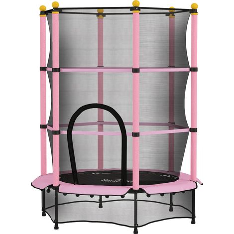 Trampoline pour enfants Ø 1,40 m × H 1,90 m, filet de sécurité, porte zippée, protections de ressorts, 6 barres rembourrées incluses, rose