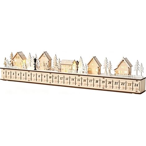 Beleuchteter Adventskalender aus Holz mit Darstellung eines Weihnachtsdorfes und 24 Schubladen zum Befüllen LED-Adventskalender zur Tischpräsentation.