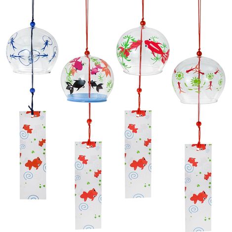 Lot de 4 carillons éoliens japonais, carillons éoliens en verre avec étiquette pour décoration extérieure pour intérieur, jardin, cour, décoration d'intérieur (poisson rouge) (1/5)