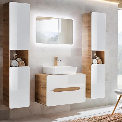 Badezimmermöbel Set mit Keramik-Waschbecken LUTON-56 Hochglanz weiß mit Wotan Eiche Nb. (1/5)