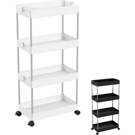 Linxor – Desserte de cuisine large à roulettes – 4 étagères – 86 cm hauteur – Plastique et acier inoxydable – Roues pivotantes 360° avec freins