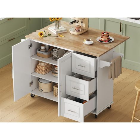 Modernluxe - Îlot central de cuisine mobile à plateau extensible, porte-serviettes et roulettes, 3 tiroirs et 2 portes, MDF - blanc (1/5)