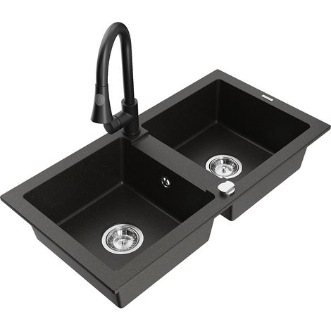Mexen Mario Granitspüle 2-Kammern mit Küchenarmatur Elia, schwarz/gold metallic - 6504-75-670101-70 (1/5)