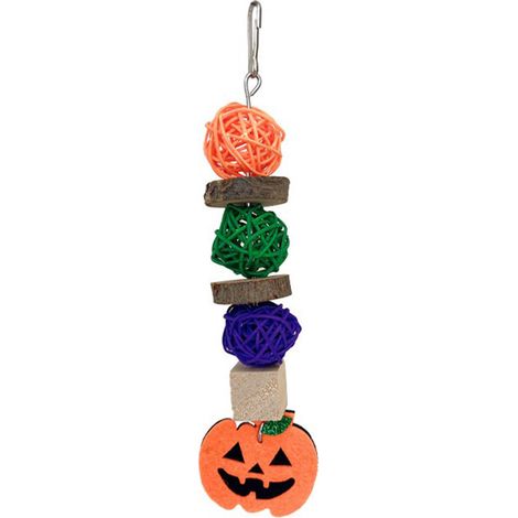 Jouet à mâcher pour oiseaux d'Halloween : balle en bois de pommier et rotin, jouet à suspendre pour cage de perroquet avec décoration citrouille pour perruches. (1/5)