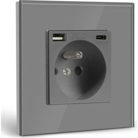 Prise Murale avec USB et 1 Type C,16A Prise de Courant Alternatif avec Panneau en Verre,Multiprise Murale Max 2.1A,Convient au Smartphone, à la Tablette (1 Prise avec USB et Type C,Gris)