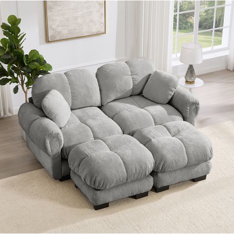 Canapé modulaire 2 places gris clair en chenille avec ottomane mobile et coussins matelassés (1/5)