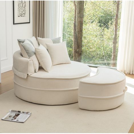 Fauteuil rond avec ottomane et 5 coussins, chenille beige, 163x121x66 cm, sans montage (1/5)
