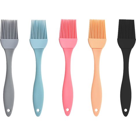 Lot de 5 Pinceaux de Huile Cuisine en Silicone - Alimentaire pour Pâtisserie, Barbecue et Cuisson Résistants à la Chaleur Ensemble Multicolore (Gris/Rose/Abricot/Bleu/Noir) (1/5)