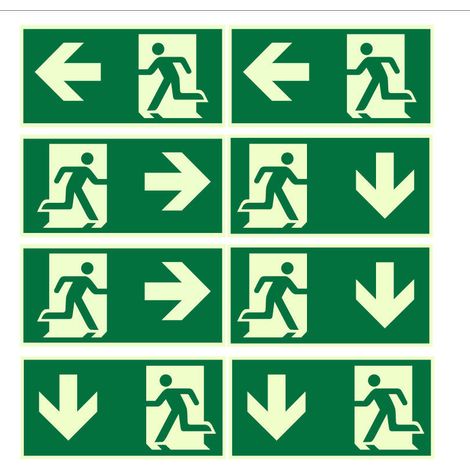 8 unidades de señales de salida de emergencia, señales de salida de incendios, señales de salida con flecha izquierda, derecha y abajo, señalización de seguridad, pegatinas de vinilo para puertas de o (1/5)