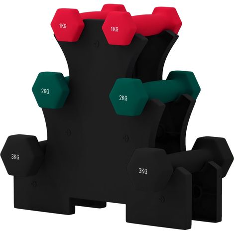 Ensemble d'haltères hexagonale avec support d'haltères, pour la musculation, 2 x 1kg, 2 x 2kg, 2 x 3kg (1/5)
