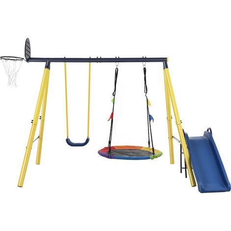 Swing Set 4 in 1 with Slide, Swing and Basketball Hoop, Outdoor Kids Play Frame Metal Blue (1/5)