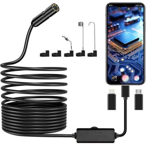 Caméra Endoscopique, 1920P HD Camera d'Inspection Canalisation, IP67 Endoscope Camera avec 8 lumières LED Câble Semi-Rigide de 5m pour iPhone iOS iPad Android Smartphone
