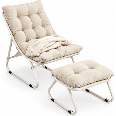 Salon de Jardin 1 Place en Acier avec Chaise Longue, Pouf et Coussin Confortable, Beige