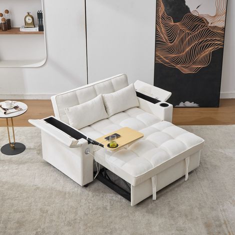 Canapé convertible 3 en 1 (140,5 x 74 x 82 cm) dossier ajustable, port de charge USB, sofa-lit 2 places, transformable en méridienne, table rabattable et support de verre intégrés, teinte beige. (1/5)