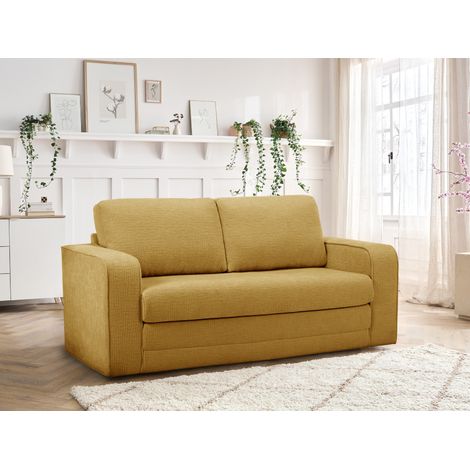 Bobochic – Canapé droit convertible 2 places déplimousse – Tissu texturé jaune – Longueur 201cm – Largeur couchage 127cm – Confort ferme (1/5)