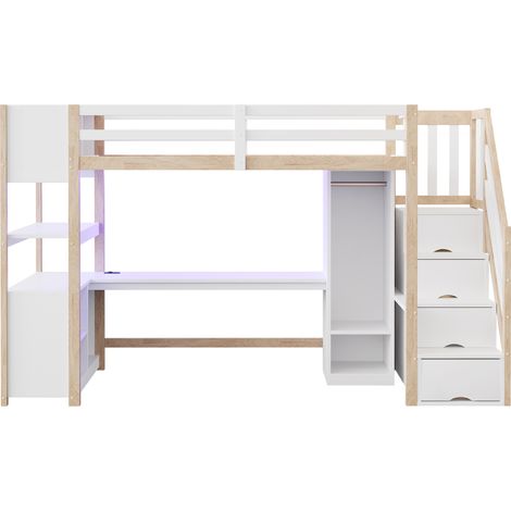 CAIziLit mezzanine 90x200 cm en bois avec armoire, bureau et LED, bois (1/5)