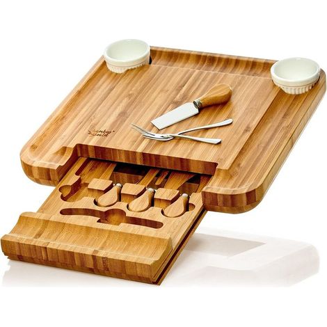 Plateau de fromages XXL écologique avec 4 Couteaux à Fromage en Bambou 34x34x4,5cm et Un tiroir Planche à Découper Fromage Assiette de Service Assiette à Fromage Couverts à Fromage (1/5)