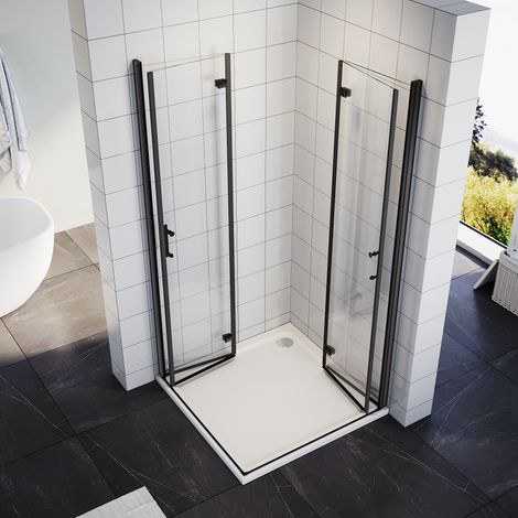 Duschkabine Eckeinstieg Falttür 90x90x195cm Duschabtrennung Eckeinstieg Eckig Dusche 180º Faltbar 6mm NANO Glas Schwarzer Aluminiumrahmen (1/5)