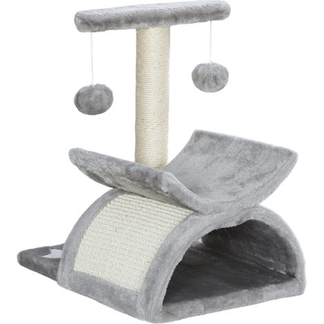 PawHut Tiragraffi per Gatti con Palo Sisal, Cuccia e 2 Palline Peluche Grigio (1/5)