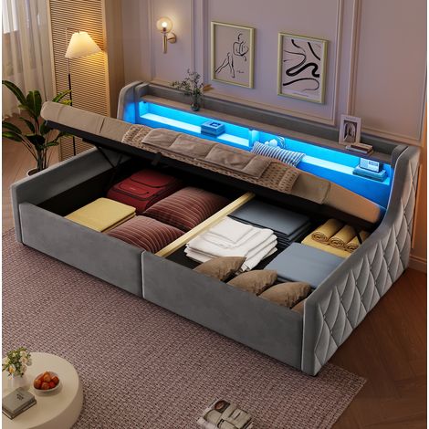 Letto imbottito in velluto 90x200 cm grigio con contenitore idraulico e LED (1/5)