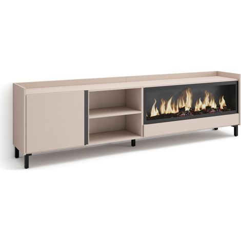 Skraut Home - Mobile TV Soggiorno, Ampio spazio a disposizione, 212x35x61cm, Per TV fino a 80", Camino elettrico XXL, Design industriale, Stile moderno, Beige (1/5)