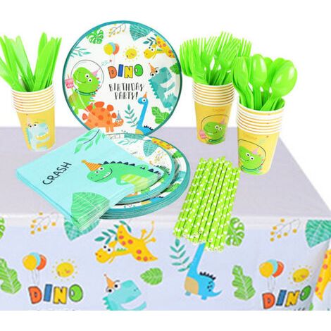 113PCS 16 Invités Ensemble de Vaisselle Anniversaire Dinosaure, Vaisselle Anniversaire, Articles de Fête de Dinosaure, Fournitures d'anniversaire pour Party Fête Mariages Baby Shower (1/5)