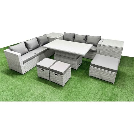 Fimous 8 PCs Rising Dining Table Set Rattan Furniture Set with 3 Seater Sofa 3 Footstools 2 Side Tables Light Grey (1/5)