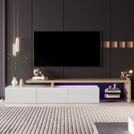 Mueble TV 200 cm con iluminación LED, 3 puertas, 2 estantes de cristal, encimera brillante, estilo moderno, blanco (1/5)