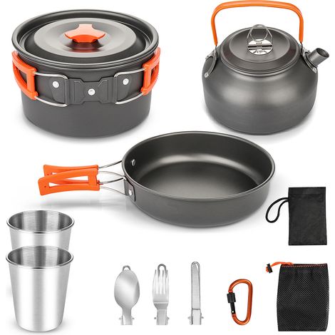 Youyijia 8 Teilig Aluminium Camping Kochset Campinggeschirr Topf Set Outdoor Camping Kochen Braten Geschirr Kochtopf Set Kochgeschirr Topfset 2-3 Person (1/5)