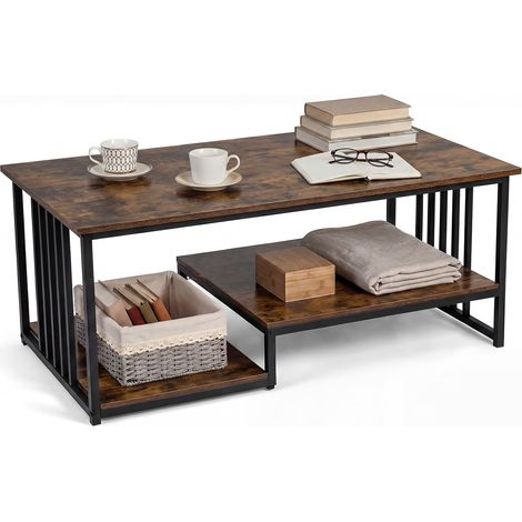 COSTWAY Tavolino da Caffè Rettangolare con 2 Ripiani Portaoggetti,110x60x45 cm,Marrone (1/5)