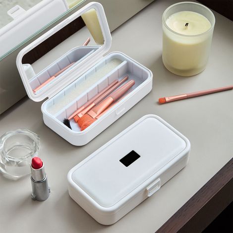 Espejo de maquillaje portátil y caja de almacenamiento para brochas de maquillaje (blanco) - Caja de almacenamiento portátil multifuncional de gran capacidad (1/3)