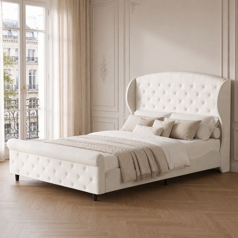 Letto matrimoniale 140x200 cm in velluto con testiera alata e design a slitta, completo di rete a doghe, Bianco (1/5)