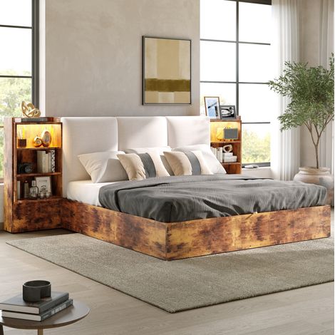 Cama con baúl 180x200 cm en tela marrón con cabecero acolchado, 6 nichos de almacenaje y LED (1/5)