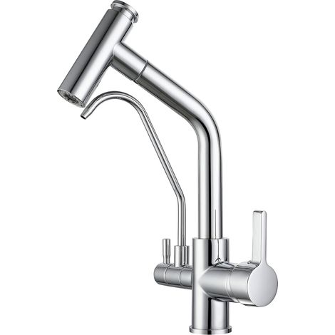 S-giant Robinet 3 Voies Cuisine Douchette Mitigeur Évier Avec 2 Becs Mitigeur Cuisine Pivotant 360 °,laiton Pour Évier De Cuisine à Eau Potable Compatible En Forme (Chrome) (1/5)