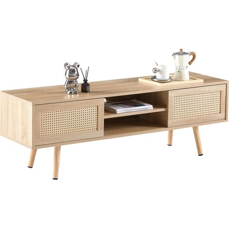 Meuble TV rotin double porte coulissante rangement étagères modulables pieds bois massif imitation naturelle H45 x L140 x P40 cm salon (1/4)