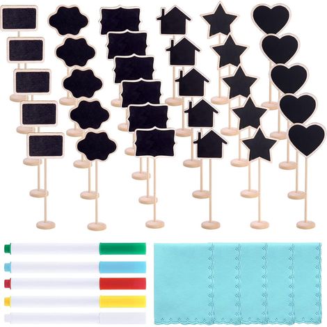 Mini Tablero De Pizarra De Madera - 40 Unidades Con Soporte - Formas Estrella Flor Corazón Nube Rectángulo Casa - Para Cafés Bodas Y Eventos (1/5)