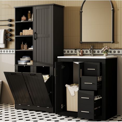 Mueble de baño con lavabo 76x46.5x85.5 cm y armario 78x35x172 cm, almacenaje modular, lacado, MDF y cerámica negra (1/5)