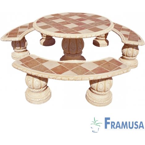 CONJUNTO COMEDOR PIEDRA CIRCULAR JARDIN ALAMO GRES CON AZULEJOS OCRE