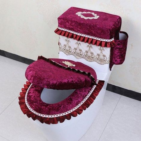 Housses De Siege De Toilette - Ensemble Abattant Couvercle Reservoir Coussin - Compartiment Rangement Integre - Rouge - 1 Unite (1/2)