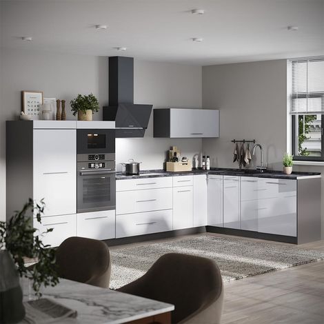 Cucina angolare completa Fame-Line, Bianco lucido/Antracite, 347 x 207 cm senza piano di lavoro, Vicco (1/5)