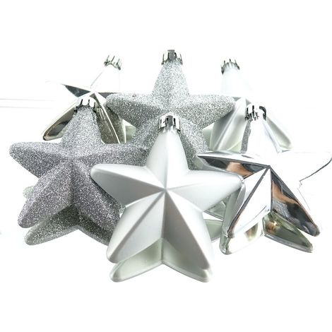 Bruchfeste Weihnachtsanhänger Sterne Silberfarben Ø 7,5 cm aus Kunststoff - 6er Set